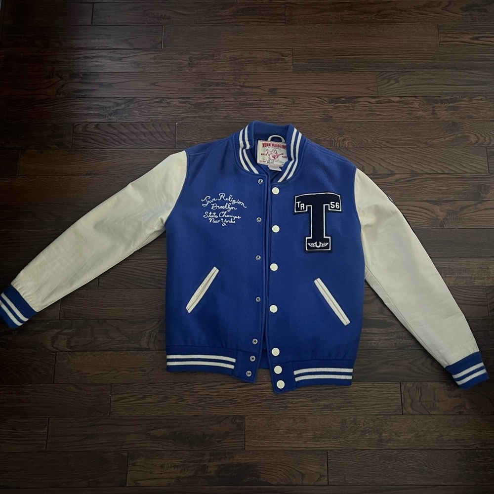 True Religion Blue and White Varsity Brooklyn Jacket
